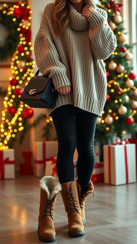 A stylish Christmas outfit with UGG boots, oversized sweater, and festive decorations.